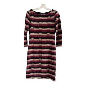 SHARAGANO Women Black Red Tan Striped Ruffled Quarter Sleeve Lined Dress-Size 8